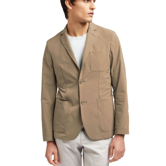 AT.P.CO Beige Polyamide Blazer with classic collar, two-button fastening, and front pockets, worn by a male model.