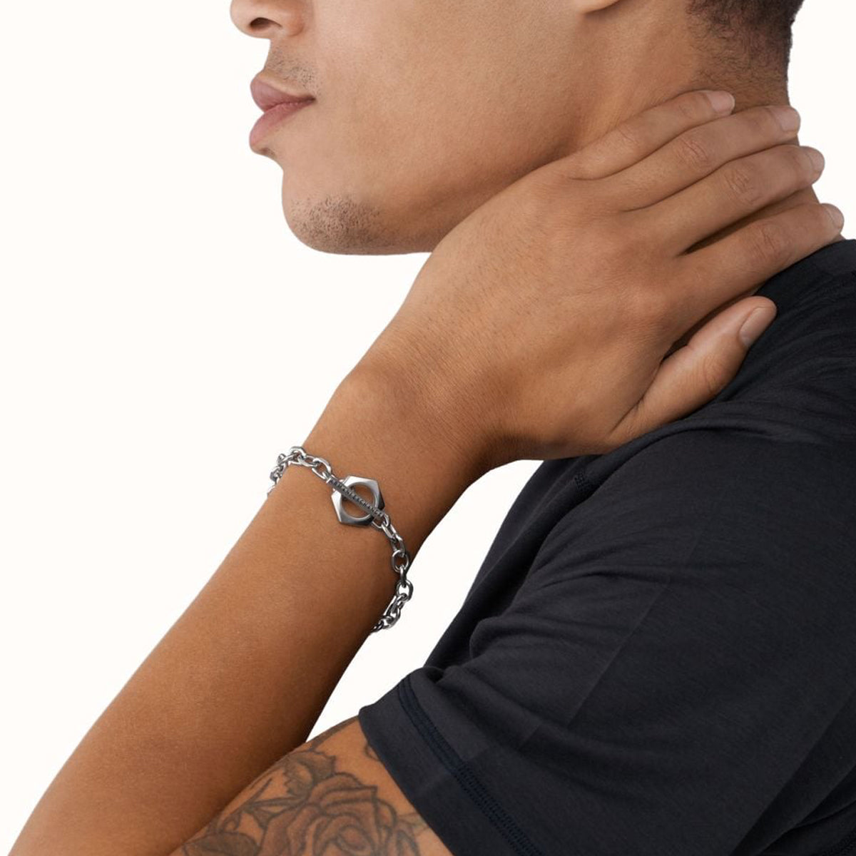 A|X ARMANI EXCHANGE JEWELS Mod. CLASSIC gent's bracelet on wrist, stainless steel, in official box