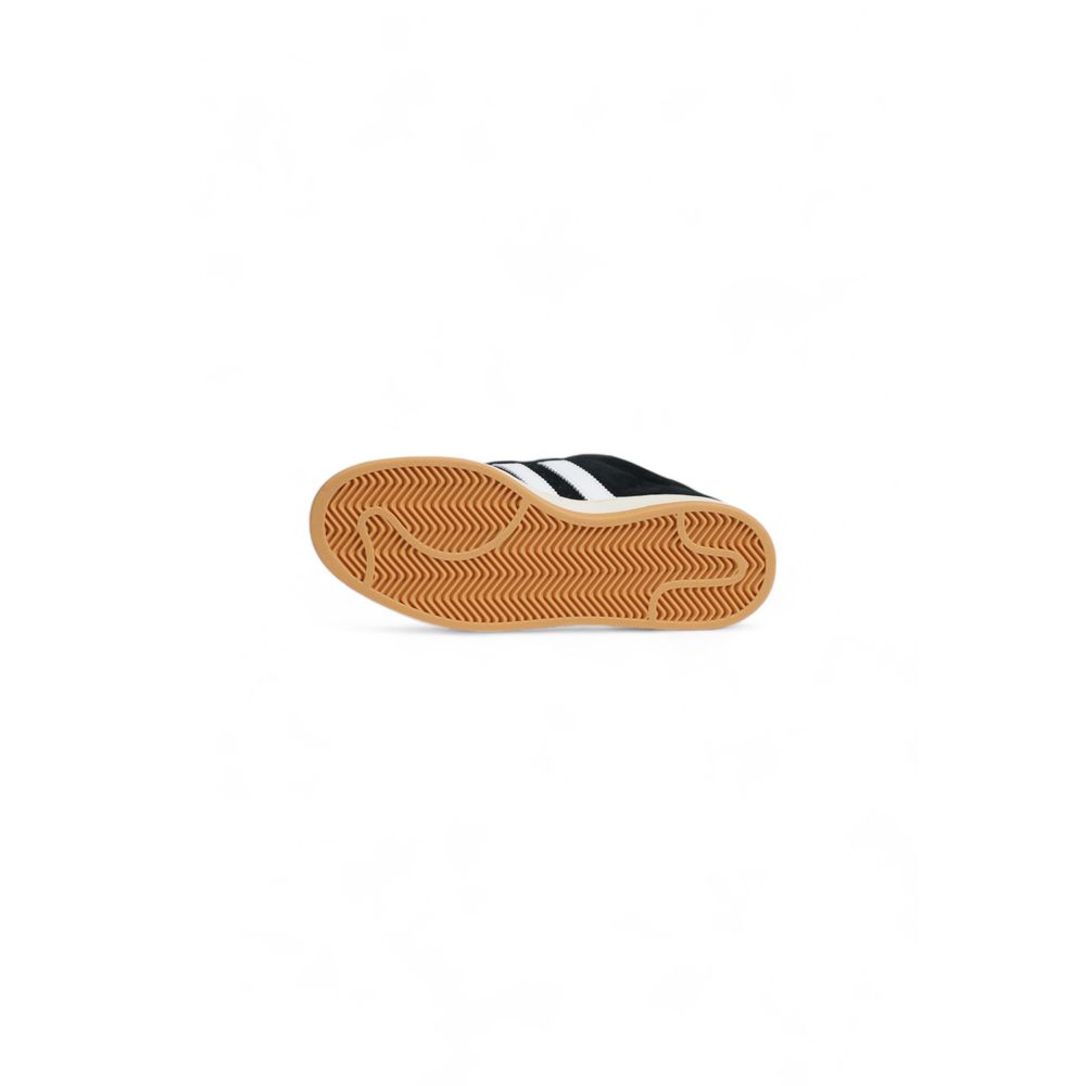 Bottom view of Adidas Black Suede Leather Sneaker showing gum sole and iconic stripes, style HQ8708 for men.