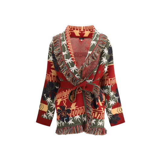 Alanui Multicolor Fleece Wool Cardigan with hibiscus and palm tree pattern, Italian-made, double jacquard, two-tone belt and fringed edges.