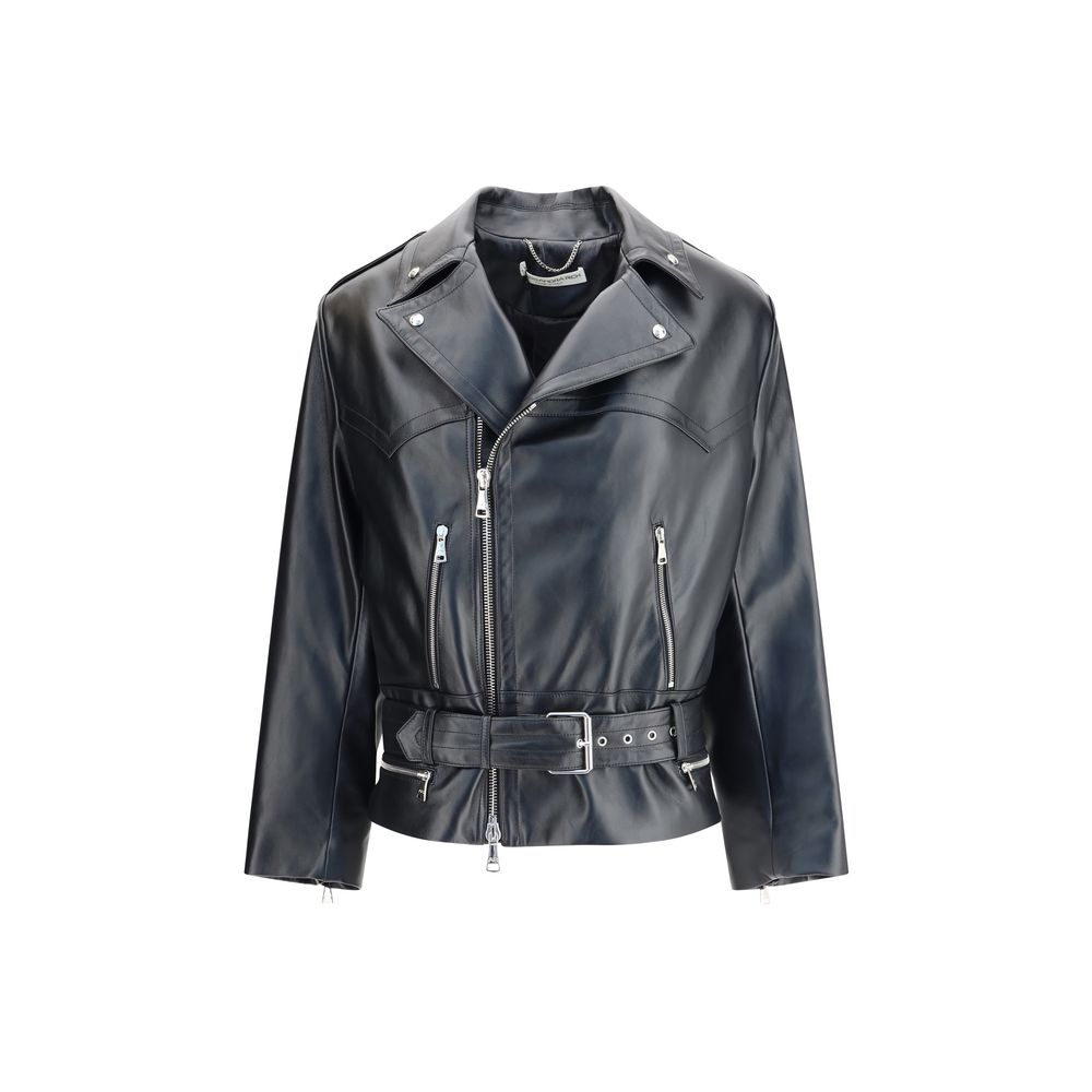 Alessandra Rich Black Leather Biker Jacket with wide lapels, side zipper, and buckle belt, showcasing a blend of grit and femininity.