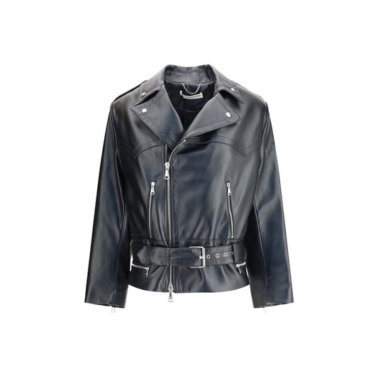 Alessandra Rich Black Leather Biker Jacket with wide lapels, side zipper, and buckle belt, showcasing a blend of grit and femininity.
