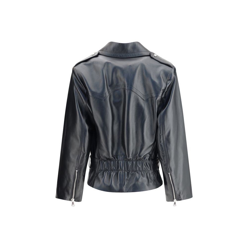 Alessandra Rich Black Leather Biker Jacket with wide lapels, side zipper, and adjustable belt, showcasing a strong, timeless style.