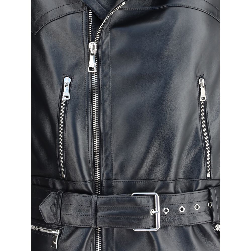 Close-up of Alessandra Rich Black Leather Biker Jacket with zipper pockets and buckle-adjustable belt.