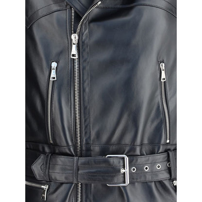 Close-up of Alessandra Rich Black Leather Biker Jacket with zipper pockets and buckle-adjustable belt.