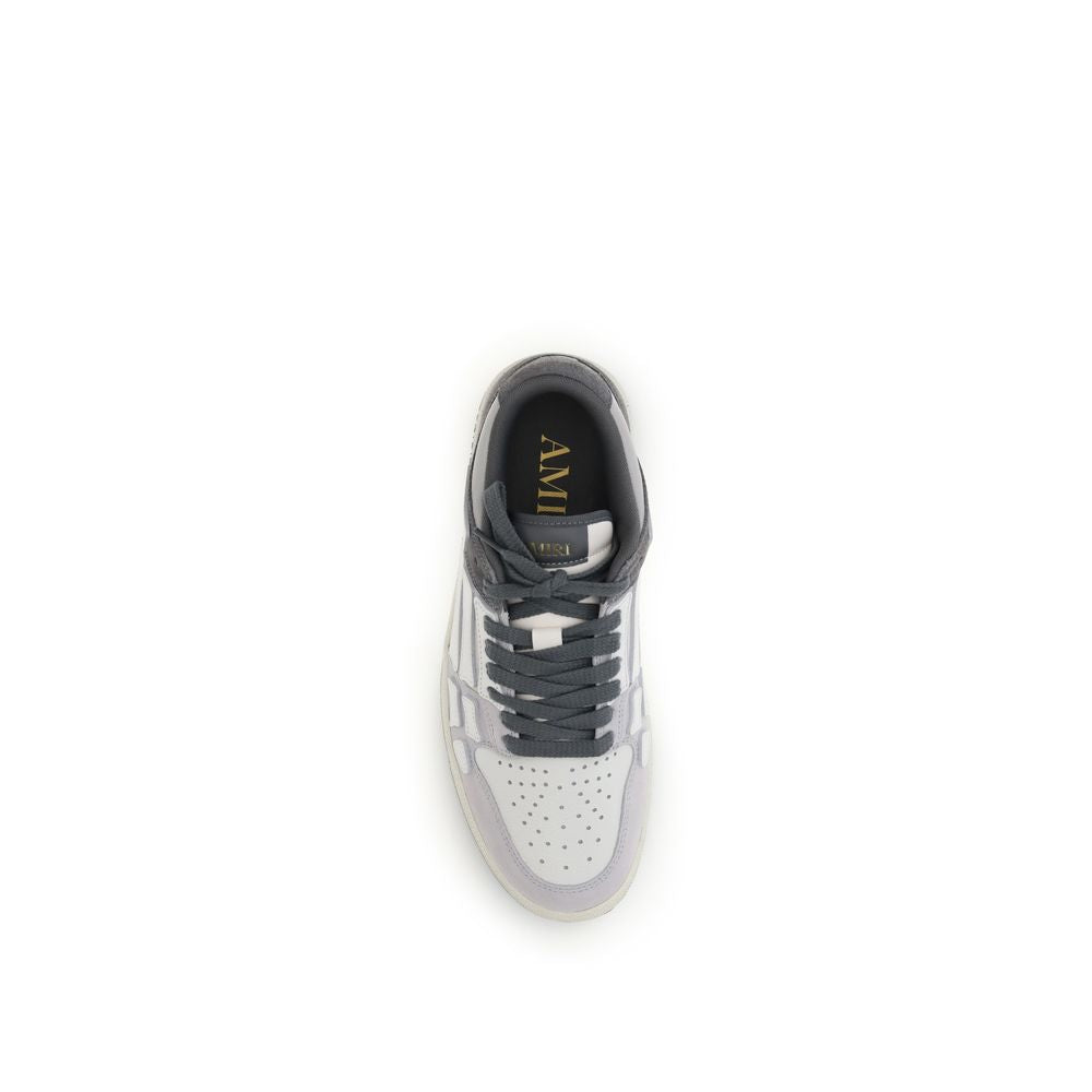 Top view of Amiri Gray Calf Leather Bos Taurus Low Top Sneakers showing grained leather with iconic bone-shaped appliqués.