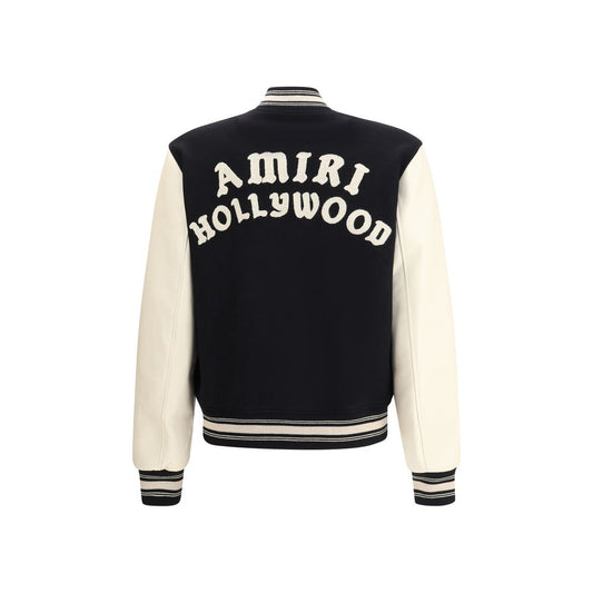 Reverse view of Amiri Hollywood bomber Jacket showcasing bold embroidered lettering and contrasting leather sleeves, autumn-winter fashion 2025.