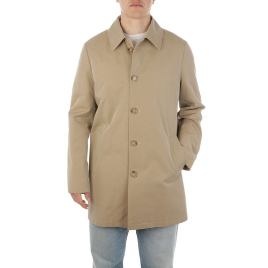 Aquascutum Beige Cotton Jacket for men, waterproof coat with button closure and checkered details. Model is 182 cm tall, size 50.