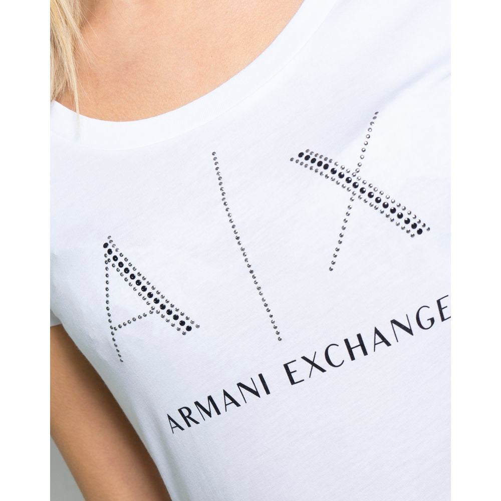 Back view of woman wearing Armani Exchange White Cotton T-Shirt, short-sleeved, 100% cotton.