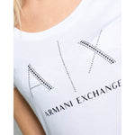 Back view of woman wearing Armani Exchange White Cotton T-Shirt, short-sleeved, 100% cotton.
