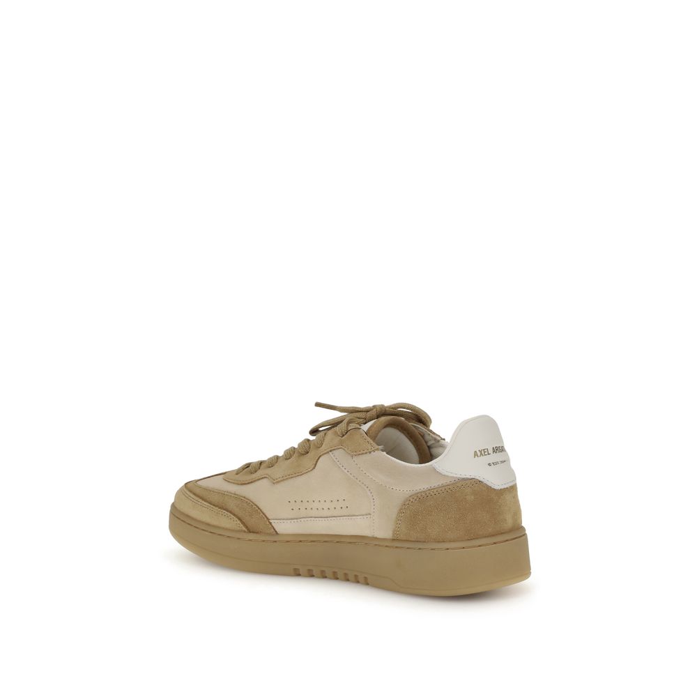 Axel Arigato Beige Leather Low Top Sneakers showing back and side view with flat rubber sole and lace-up design for urban style.