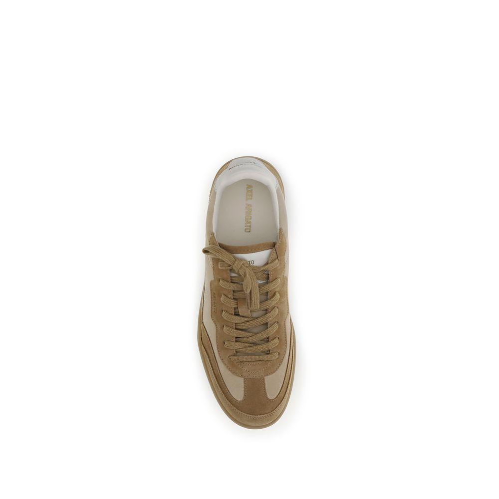 Top view of Axel Arigato Beige Leather Low Top Sneakers, featuring a round toe and lace-up design, inspired by 70s-90s footwear styles.