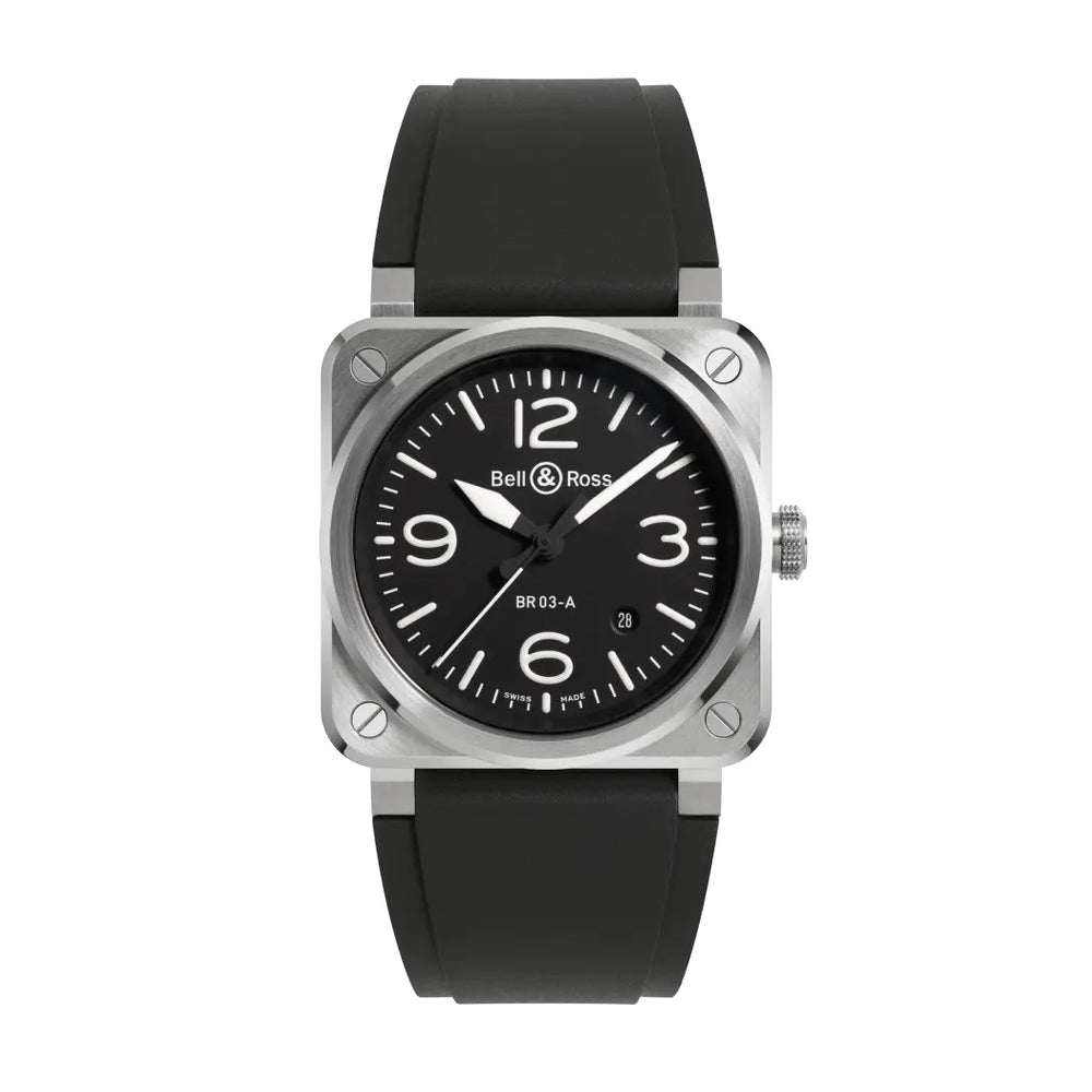 Luxury watch BELL & ROSS MOD. BR03A-BL-ST_SRB with black dial and strap.