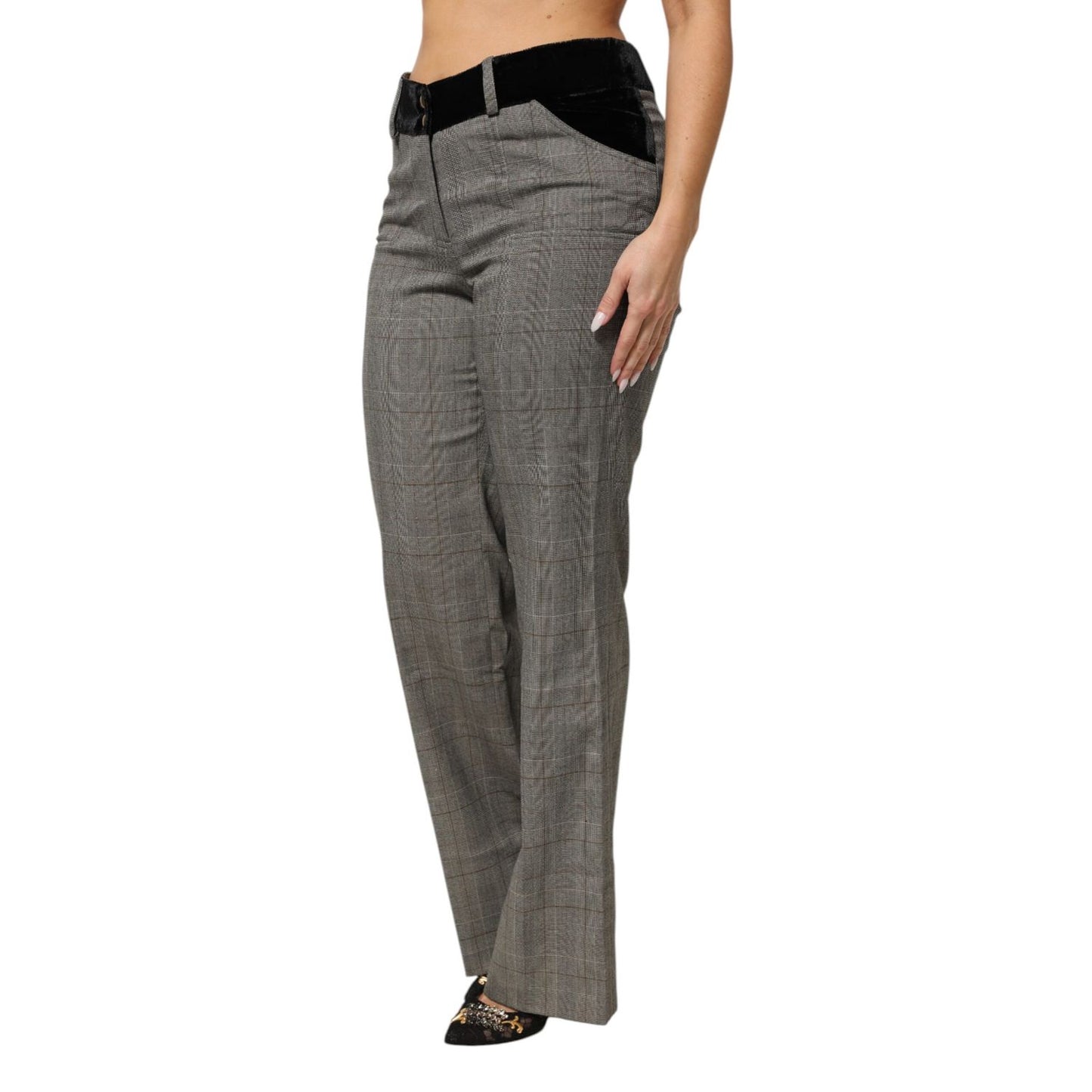 BENCIVENGA Gray Wool Blend Plaid Straight Leg Velvet Waist Pants BENCIVENGA