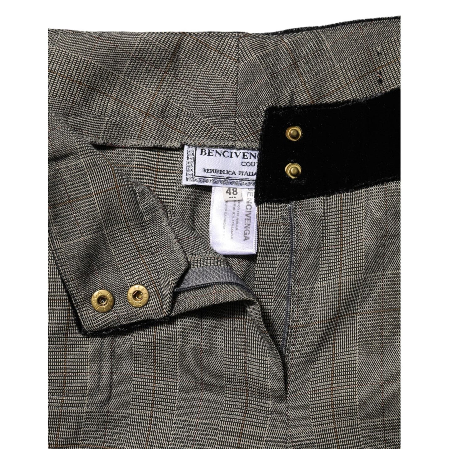 BENCIVENGA Gray Wool Blend Plaid Straight Leg Velvet Waist Pants BENCIVENGA