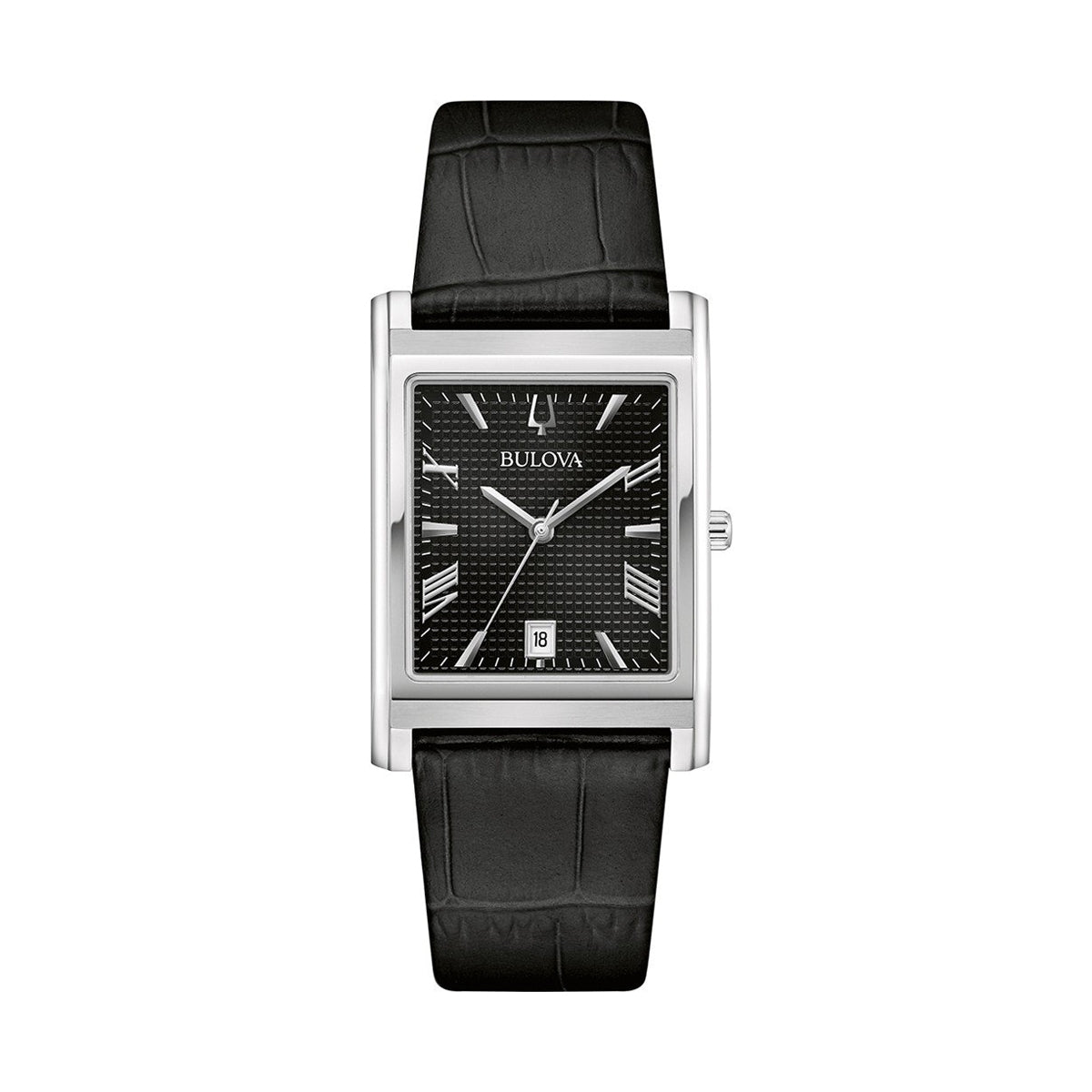 Stylish BULOVA MOD. 96B445 watch with black leather strap and rectangular face.