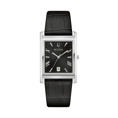 Stylish BULOVA MOD. 96B445 watch with black leather strap and rectangular face.