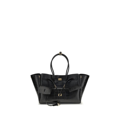 Balenciaga Black Calf Leather Bos Taurus Shoulder Bag in crocodile-effect with gold hardware and embossed logo.