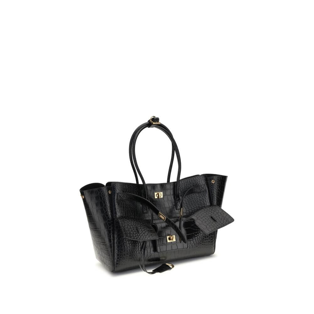 Balenciaga Black Calf Leather Bos Taurus Shoulder Bag with crocodile effect and gold hardware