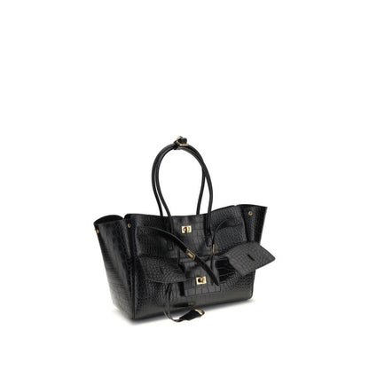 Balenciaga Black Calf Leather Bos Taurus Shoulder Bag with crocodile effect and gold hardware