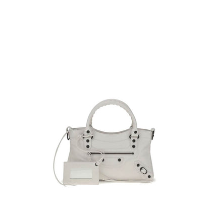 Balenciaga White Calf Leather Bos Taurus Handbag with brass hardware and hand-woven handles displayed on a white background.