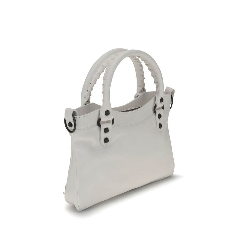 Balenciaga White Calf Leather Bos Taurus Handbag with woven handles and brass hardware, elegant and versatile design.