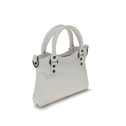 Balenciaga White Calf Leather Bos Taurus Handbag with woven handles and brass hardware, elegant and versatile design.
