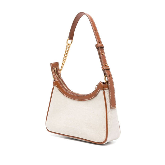 Balmain B-Army canvas shoulder bag in beige with detachable top handle and embroidered logo, showcasing elegant design and functionality.