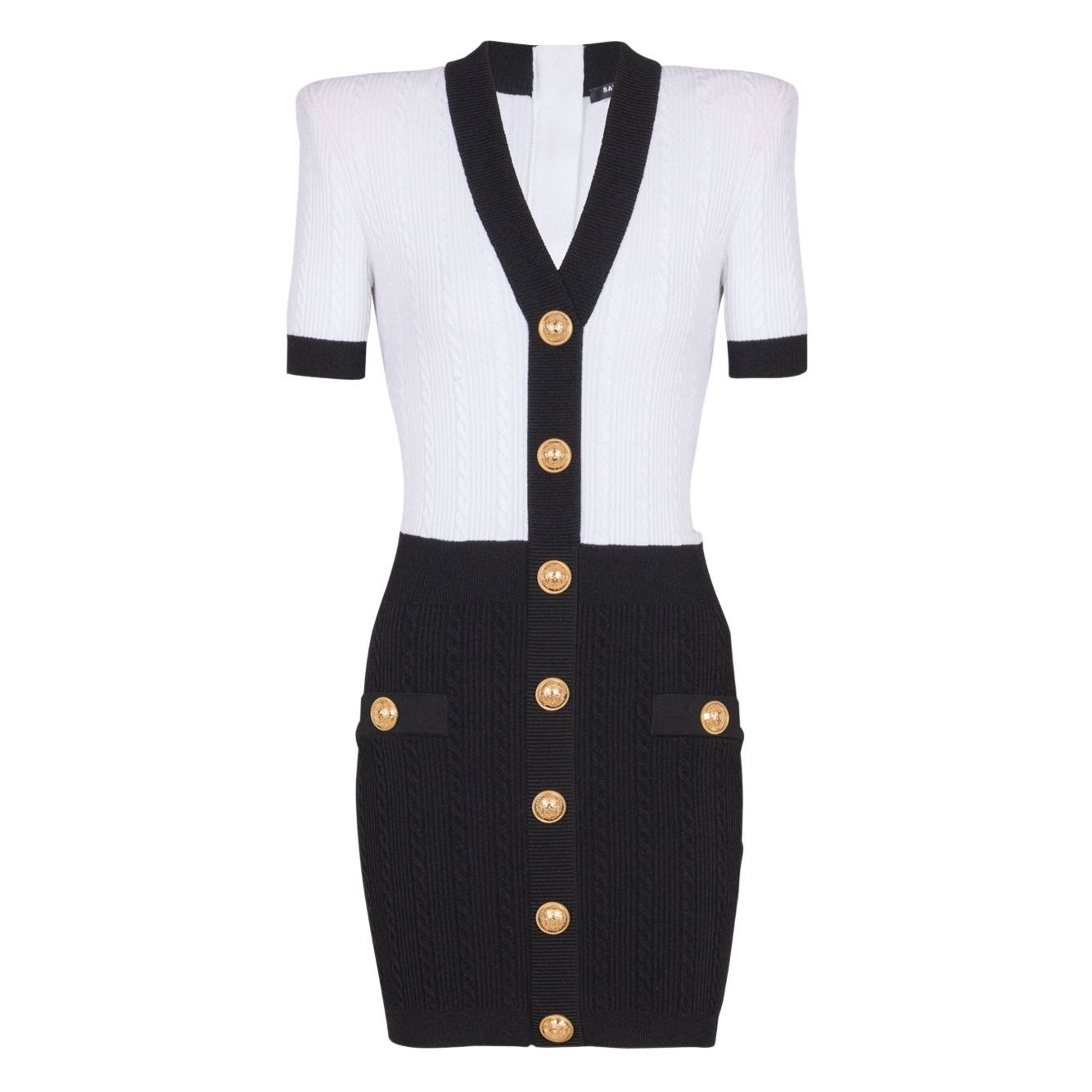 Balmain Two-tone twisted knit bodycon dress with gold buttons, white and black V-neck short sleeve mini dress front view.