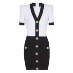 Balmain Two-tone twisted knit bodycon dress with gold buttons, white and black V-neck short sleeve mini dress front view.
