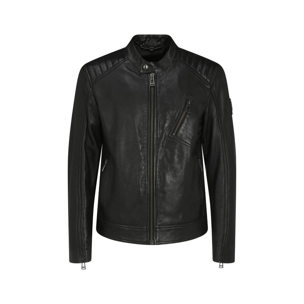Belstaff Black Leather Jacket with front zipper, snap button neckline, and embossed logo patch.