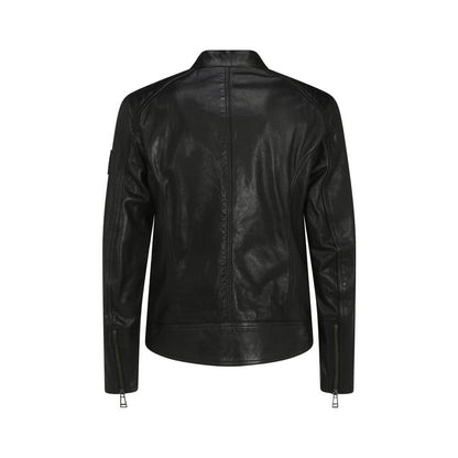 Back view of the Belstaff Black Leather Jacket showing elegant design and iconic logo patch.