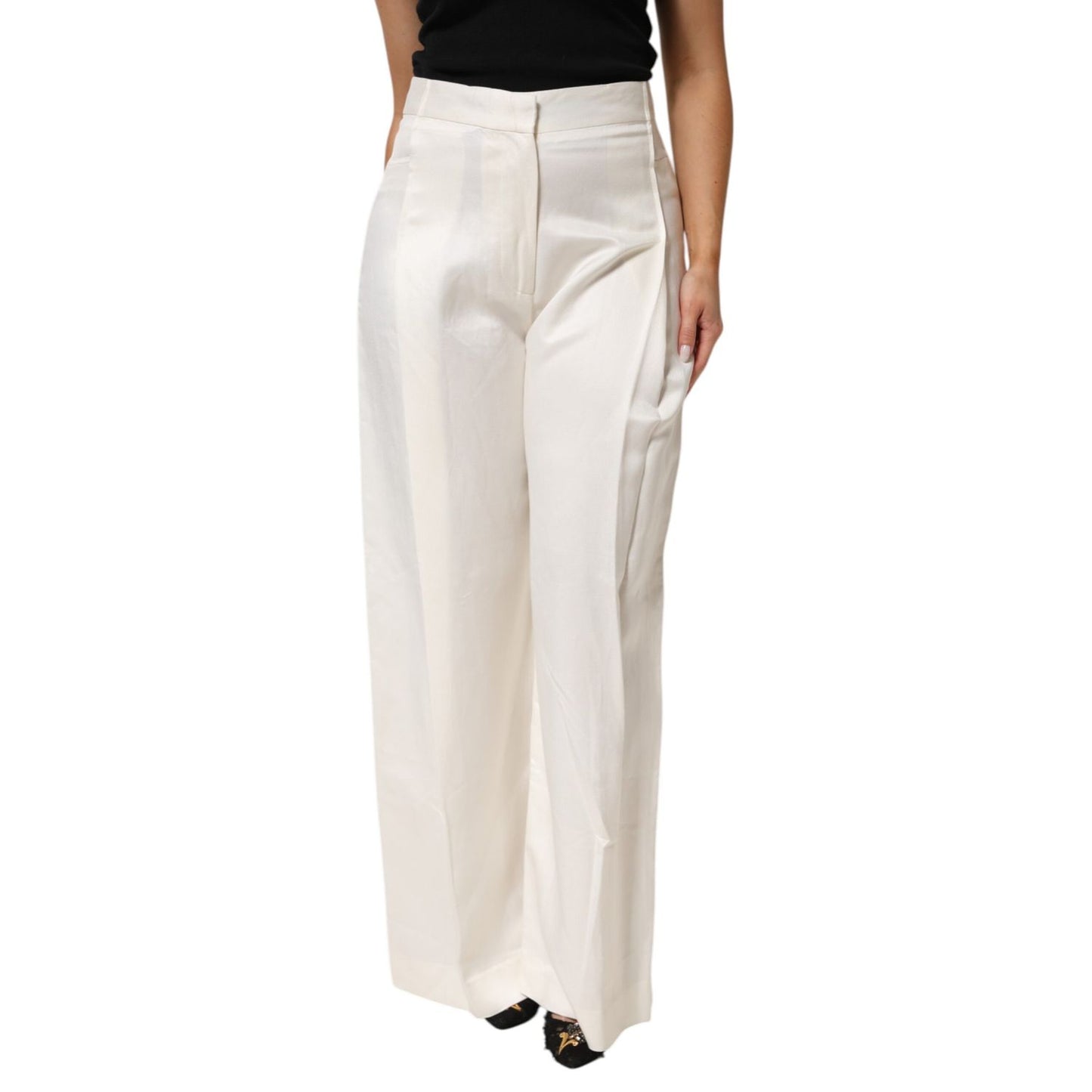 Brian Dales White Viscose Linen Wide Leg Palazzo Womens Pants with high-waist and front pleats, chic Italian design.