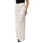 Brian Dales White Viscose Linen Wide Leg Palazzo Womens Pants, high-waist, front pleats, elegant Italian trousers, white pants
