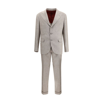 Brunello Cucinelli Beige Silk Two-Piece Suit with peaked lapels and welt pockets, three-button closure and straight pants in elegant design