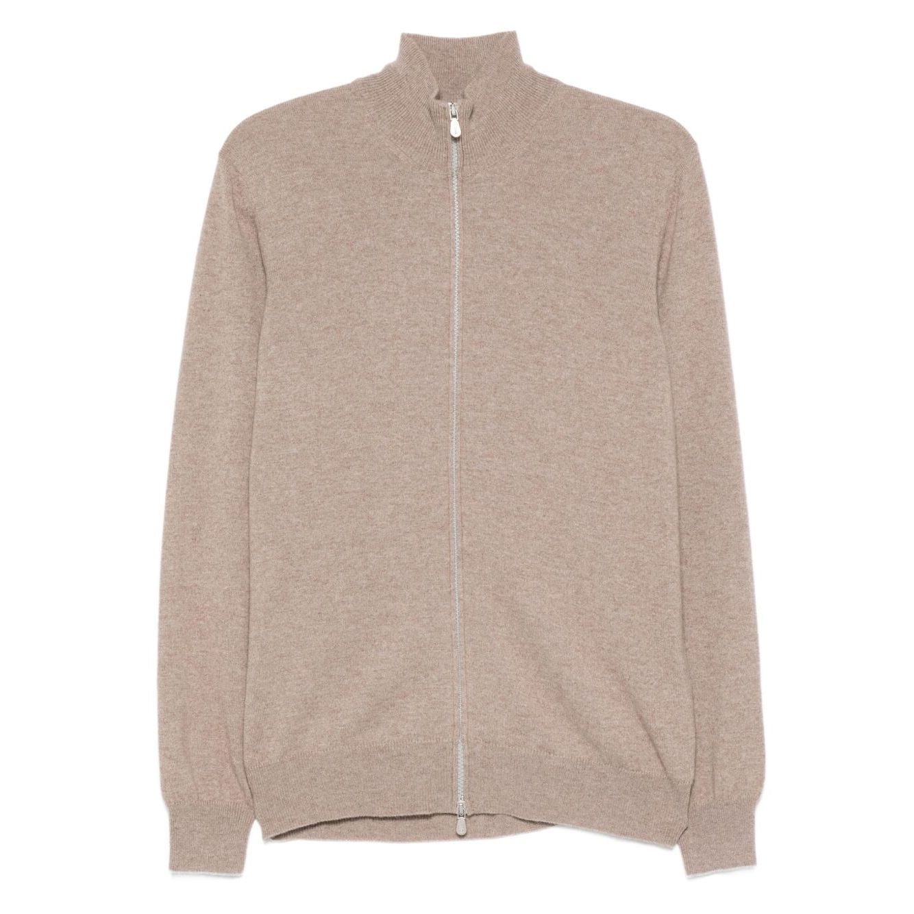 Brunello Cucinelli Cashmere Zipped Cardigan in brown with front zip, high neck, long sleeves, ribbed cuffs and hem.