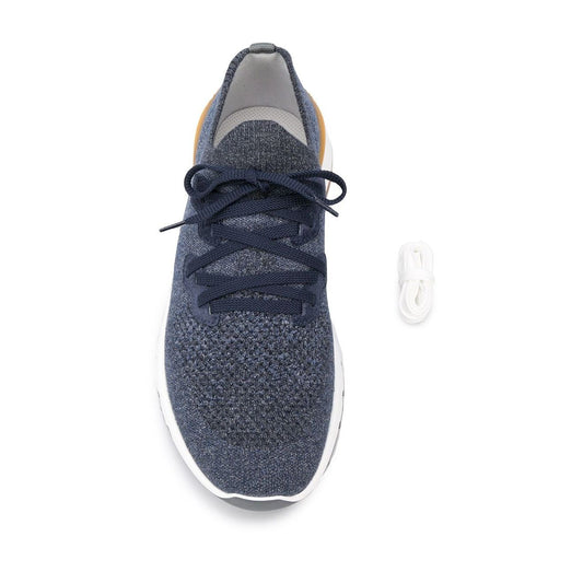 Brunello Cucinelli Cotton chiné knit runners featuring mesh panels, lace-up front, and a 3 cm platform sole, showcased from top view.