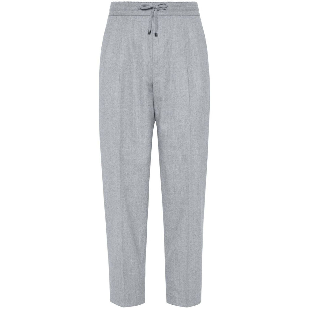 Brunello Cucinelli Drawstring trousers in beluga grey virgin wool with tapered leg and elasticated waistband.