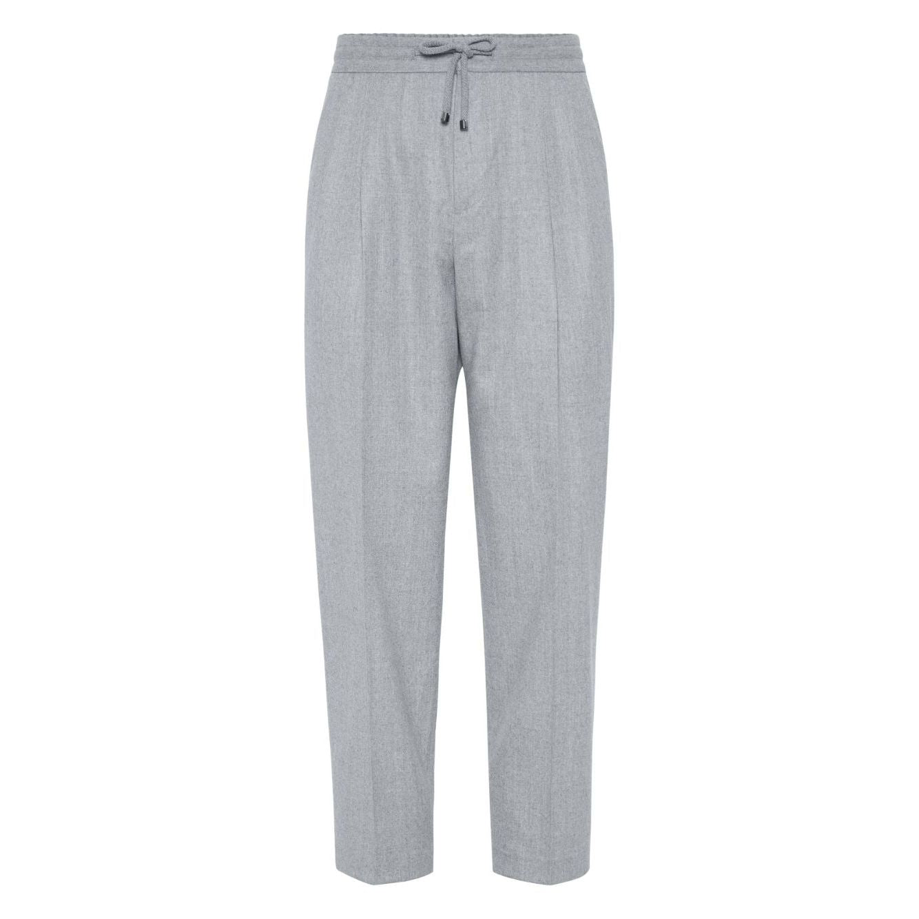 Brunello Cucinelli Drawstring trousers in beluga grey virgin wool with elasticated waistband, tapered leg, and jetted pockets.