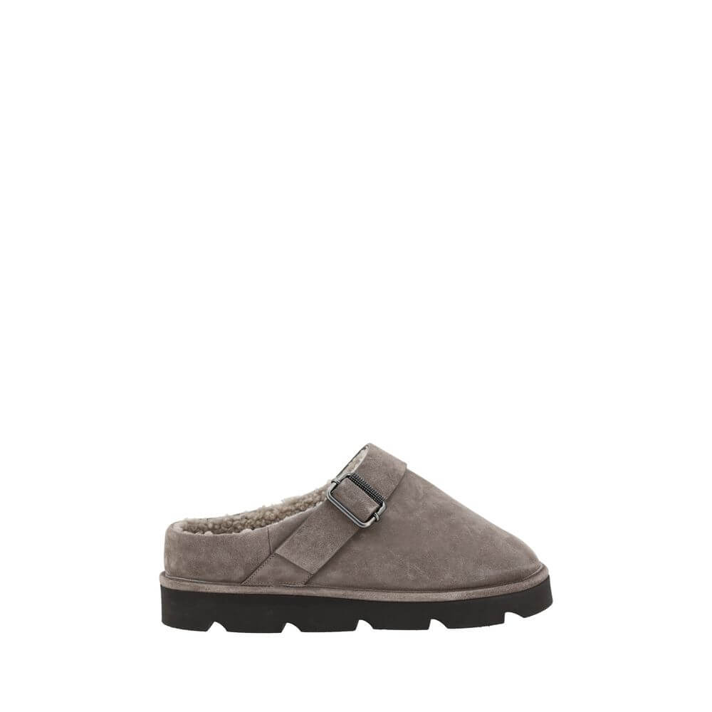 Brunello Cucinelli Gray Calf Leather Bos Taurus Clogs with fur trimming and adjustable buckle detail for a stylish fall and winter look.