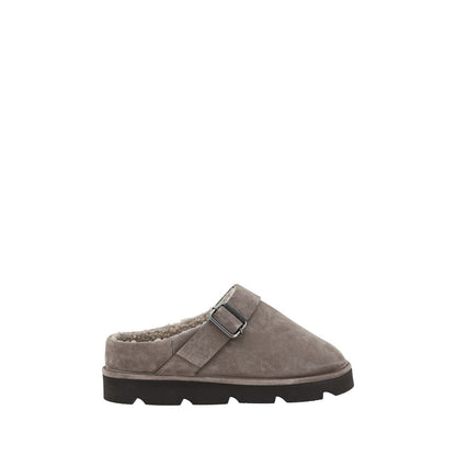 Brunello Cucinelli Gray Calf Leather Bos Taurus Clogs with fur trimming and adjustable buckle detail for a stylish fall and winter look.