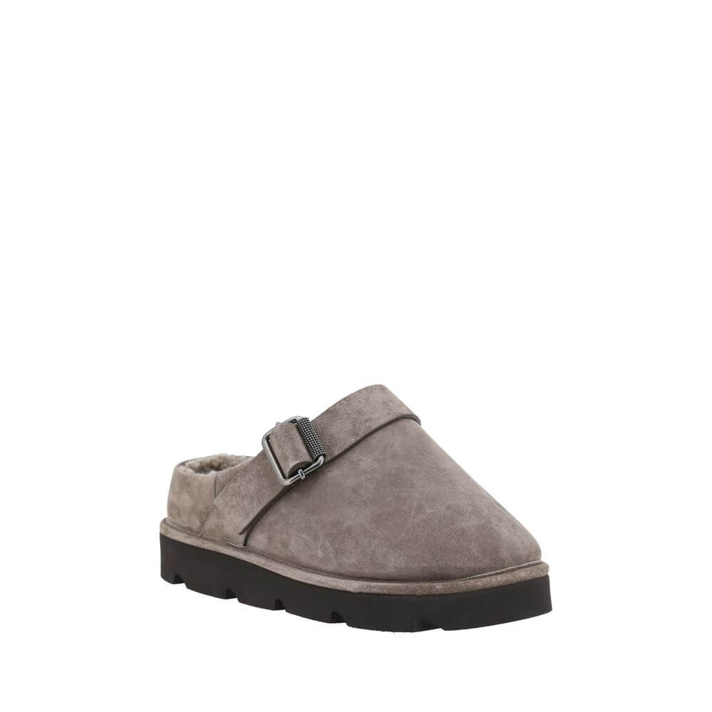 Brunello Cucinelli Gray Calf Leather Bos Taurus Clogs with buckle detail, fur-trimmed sabots, and knurled sole