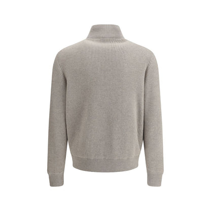 Back view of Brunello Cucinelli Gray Leather Jacket with knit sleeves and high neck design showcasing elegant craftsmanship.