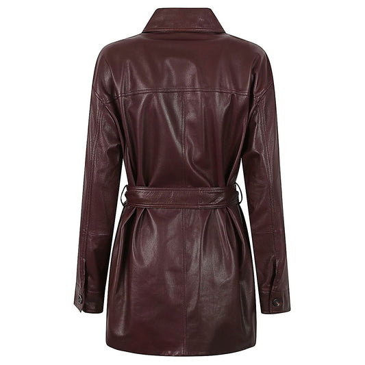 Brunello Cucinelli Jackets Bordeaux - Leather jacket with button fastening, long sleeves, pointed collar, and waist belt. Size 40 shown.