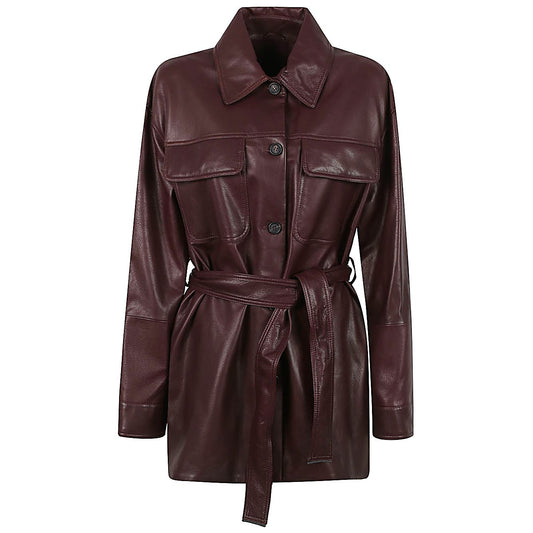 Brunello Cucinelli Jackets Bordeaux - women's leather jacket with long sleeves, button fastening, pointed collar, and waist belt.