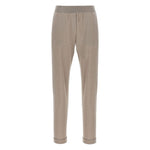 Brunello Cucinelli Lurex-detail trousers, taupe grey with elasticised waistband and cuffed hems, tapered wool-silk blend.