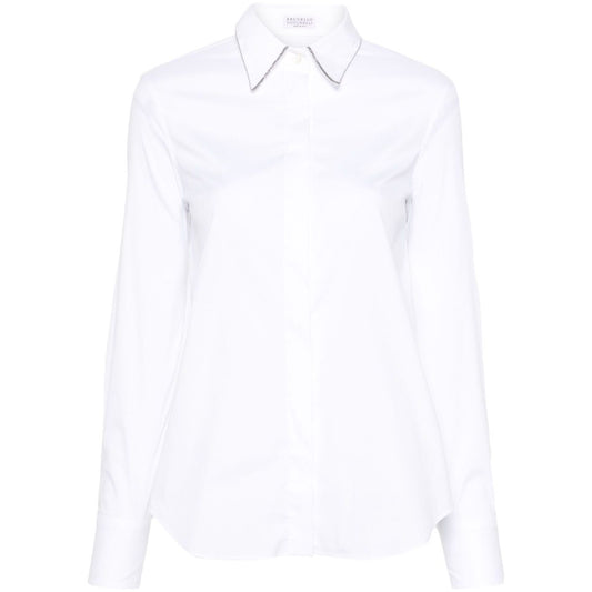Brunello Cucinelli Shirts White with pointed collar and Monili chain detail, long sleeves, and buttoned cuffs. Cotton blend poplin texture.