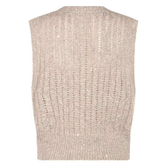 Brunello Cucinelli Top Ivory sleeveless sequin wool tank with beige crew neck, shown from the back, true to size, elegant design.