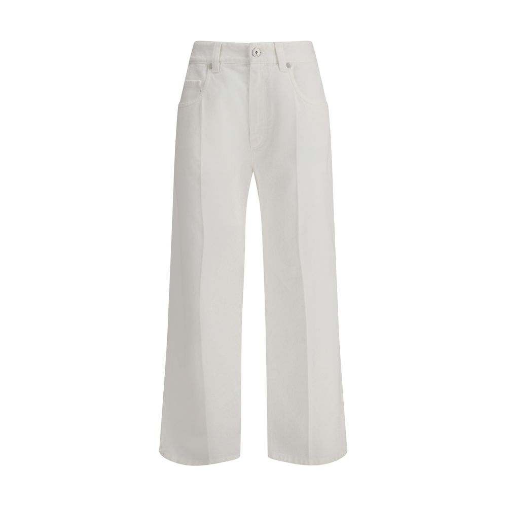 Brunello Cucinelli White Cotton Straight-Leg Jeans with five-pocket design and leather patch