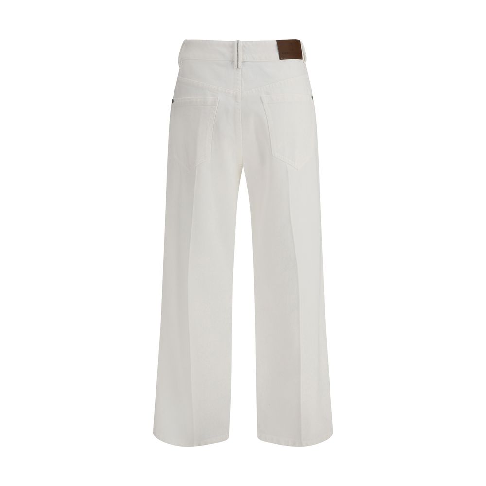 Back view of Brunello Cucinelli White Cotton Straight-Leg Jeans with leather patch and five-pocket design.